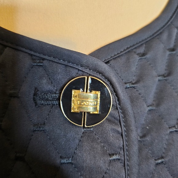 St John XL Black Quilted Jacket Gold Logo Buttons Collarless Coat - Picture 2 of 10